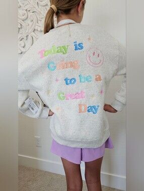 Originality Embroidered Smiley Words Grey Pullover Soft Girl's Sz Med Lrg XL